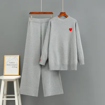 Women Fashion Casual Autumn Winter Solid Color Long-Sleeve Loose Sweater Wide Leg Pants Knitted Two-Piece Set