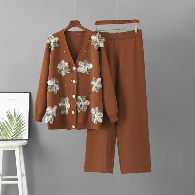 Autumn Winter Women Fashion Casual Three-Dimensional Flower Long-Sleeve Loose Coat Wide-Leg Pants Knitted Two-Piece Set