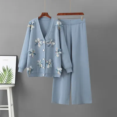 Autumn Winter Women Fashion Casual Three-Dimensional Flower Long-Sleeve Loose Coat Wide-Leg Pants Knitted Two-Piece Set