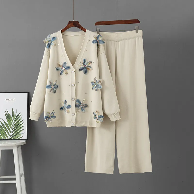 Autumn Winter Women Fashion Casual Three-Dimensional Flower Long-Sleeve Loose Coat Wide-Leg Pants Knitted Two-Piece Set