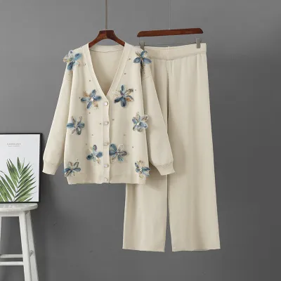 Autumn Winter Women Fashion Casual Three-Dimensional Flower Long-Sleeve Loose Coat Wide-Leg Pants Knitted Two-Piece Set