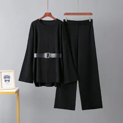 Women Fashion Elegant Autumn Winter Solid Color Long-Sleeve Loose Sweater Wide-Leg Pants Belt Knitted Two-Piece Set