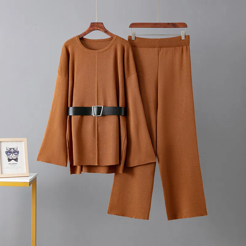 Women Fashion Elegant Autumn Winter Solid Color Long-Sleeve Loose Sweater Wide-Leg Pants Belt Knitted Two-Piece Set