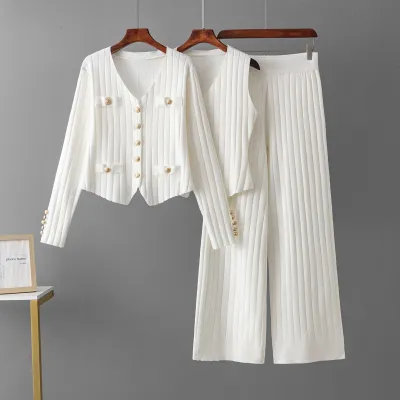 Women Fashion Casual Autumn Winter Solid Color Vest Long-Sleeve Cardigan Slim-Fit Wide-Leg Pants Knitted Three-Piece Set
