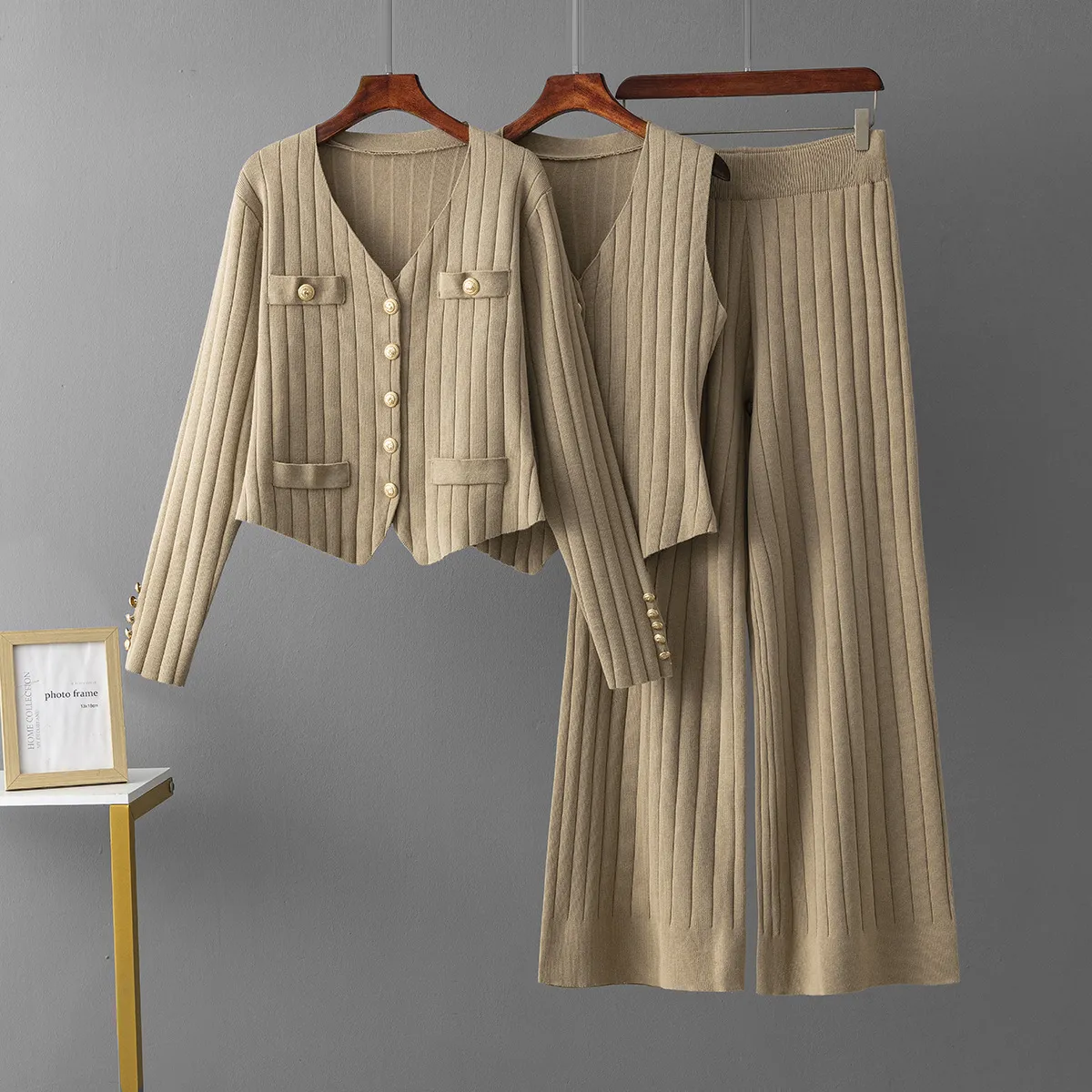 Women Fashion Casual Autumn Winter Solid Color Vest Long-Sleeve Cardigan Slim-Fit Wide-Leg Pants Knitted Three-Piece Set