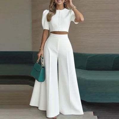 Women Fashion Casual Elegant Spring Solid Color Button Short-Sleeve Crop Top Flared Pants Two-Piece Set