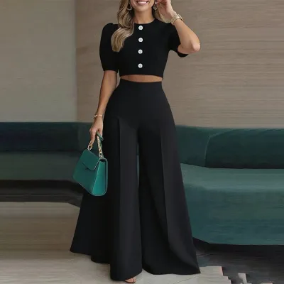 Women Fashion Casual Elegant Spring Solid Color Button Short-Sleeve Crop Top Flared Pants Two-Piece Set