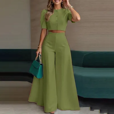 Women Fashion Casual Elegant Spring Solid Color Button Short-Sleeve Crop Top Flared Pants Two-Piece Set