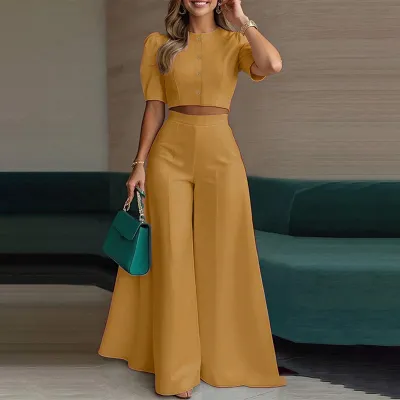 Women Fashion Casual Elegant Spring Solid Color Button Short-Sleeve Crop Top Flared Pants Two-Piece Set