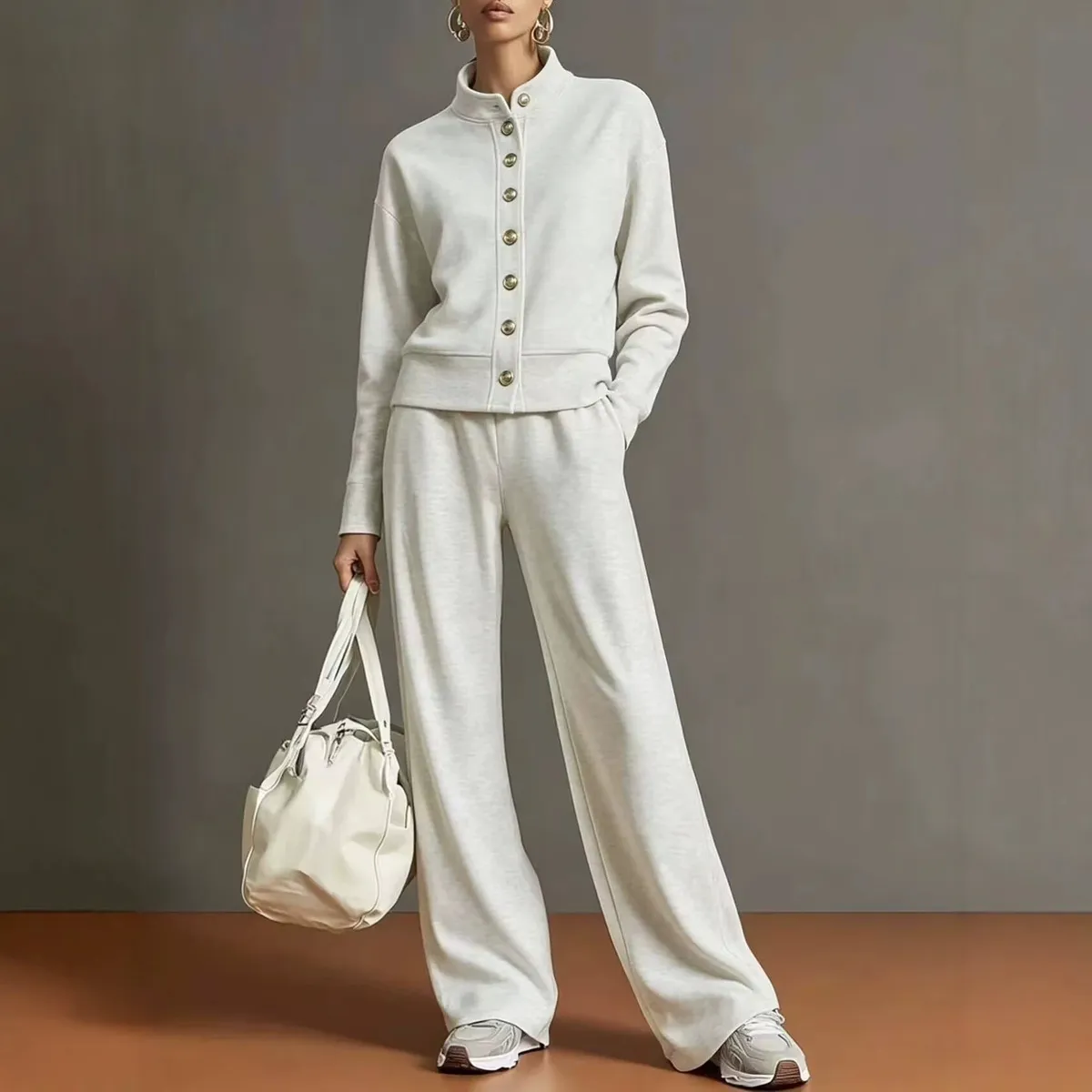 Women'S Fashion Casual Autumn Solid Color Collar Long-Sleeve Cardigan Wide Leg Pants Two-Piece Set