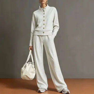 Women'S Fashion Casual Autumn Solid Color Collar Long-Sleeve Cardigan Wide Leg Pants Two-Piece Set