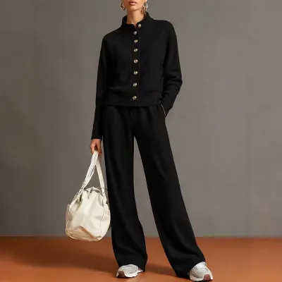 Women'S Fashion Casual Autumn Solid Color Collar Long-Sleeve Cardigan Wide Leg Pants Two-Piece Set