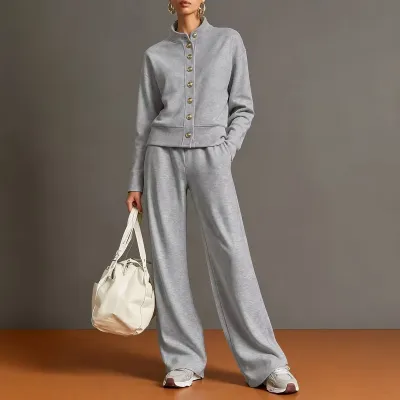 Women'S Fashion Casual Autumn Solid Color Collar Long-Sleeve Cardigan Wide Leg Pants Two-Piece Set