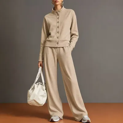 Women'S Fashion Casual Autumn Solid Color Collar Long-Sleeve Cardigan Wide Leg Pants Two-Piece Set