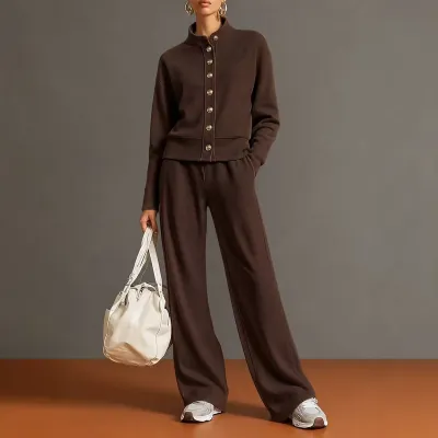 Women'S Fashion Casual Autumn Solid Color Collar Long-Sleeve Cardigan Wide Leg Pants Two-Piece Set