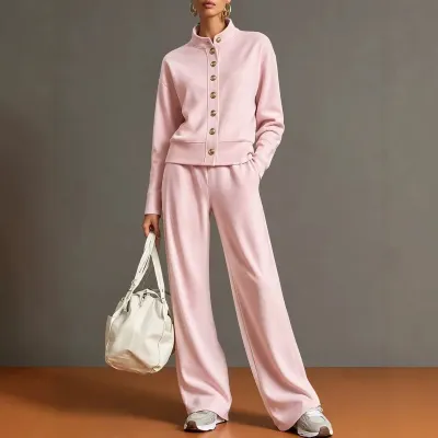 Women'S Fashion Casual Autumn Solid Color Collar Long-Sleeve Cardigan Wide Leg Pants Two-Piece Set