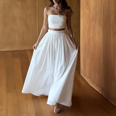Women Fashion Casual Solid Color Camisole Maxi Loose Skirt Two-Piece Set