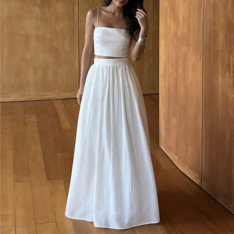Women Fashion Casual Solid Color Camisole Maxi Loose Skirt Two-Piece Set