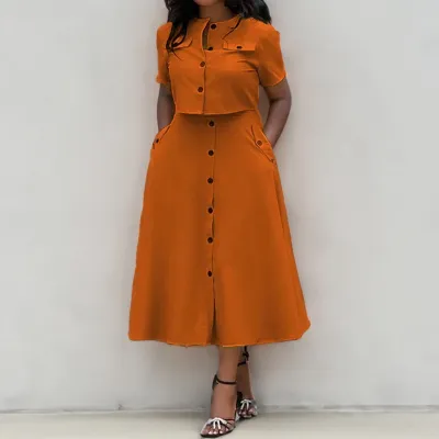 Women Fashion Casual Summer Solid Color Short-Sleeve Single-Breasted Crop Top Loose Maxi Skirt Two-Piece Set