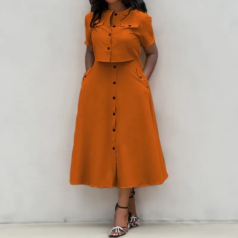 Women Fashion Casual Summer Solid Color Short-Sleeve Single-Breasted Crop Top Loose Maxi Skirt Two-Piece Set