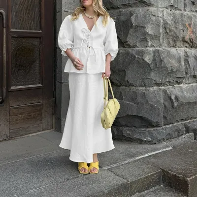 Women Fashion Casual Autumn Solid Color V-Neck Short-Sleeve Lace-Up Blouse Loose Maxi Skirt Two-Piece Set