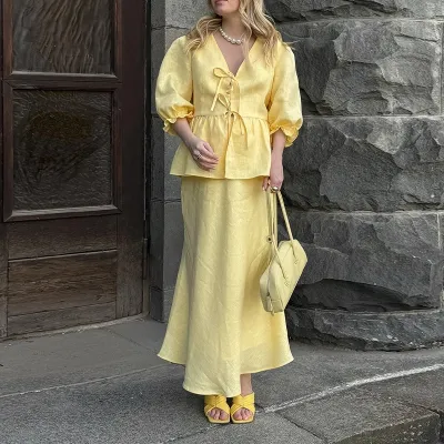 Women Fashion Casual Autumn Solid Color V-Neck Short-Sleeve Lace-Up Blouse Loose Maxi Skirt Two-Piece Set