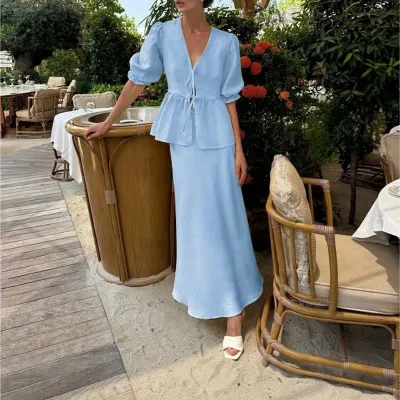 Women Fashion Casual Autumn Solid Color V-Neck Short-Sleeve Lace-Up Blouse Loose Maxi Skirt Two-Piece Set