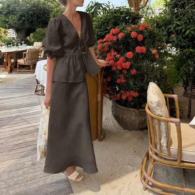 Women Fashion Casual Autumn Solid Color V-Neck Short-Sleeve Lace-Up Blouse Loose Maxi Skirt Two-Piece Set
