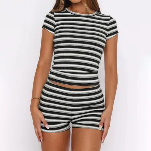 Women Fashion Casual Summer Stripe Short-Sleeve T-Shirt Loose Slim-Fit Shorts Two-Piece Set