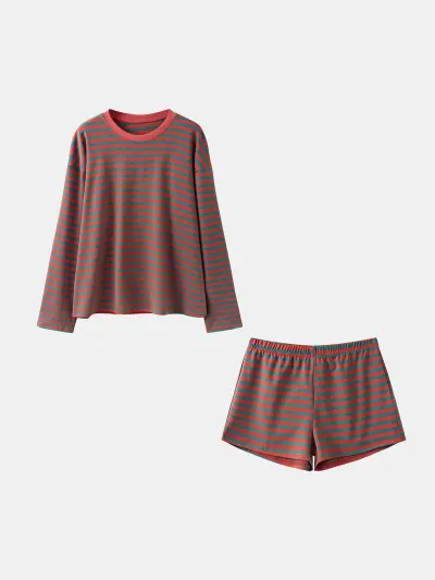 Women Fashion Casual Contrast Stripe Loose Long-Sleeve T-Shirt Loose Waist Shorts Two-Piece Set