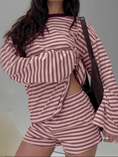 Women Fashion Casual Contrast Stripe Loose Long-Sleeve T-Shirt Loose Waist Shorts Two-Piece Set