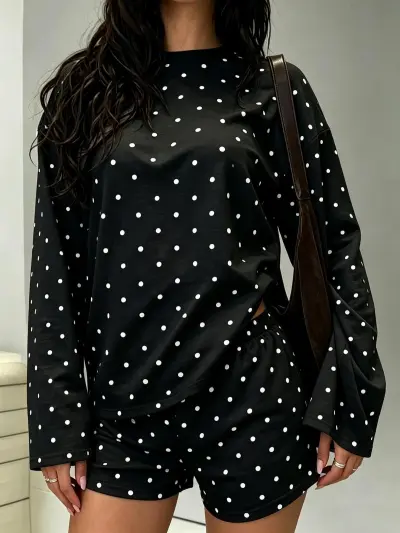 Women Fashion Casual Contrast Stripe Loose Long-Sleeve T-Shirt Loose Waist Shorts Two-Piece Set