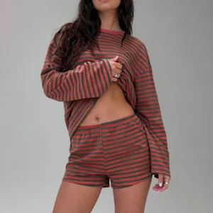 Women Fashion Casual Contrast Stripe Loose Long-Sleeve T-Shirt Loose Waist Shorts Two-Piece Set
