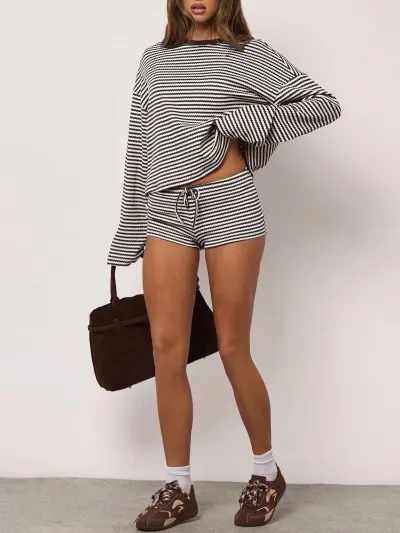 Women Fashion Casual Stripe Long Sleeve Loose T-Shirt Drawstring Shorts Two-Piece Set