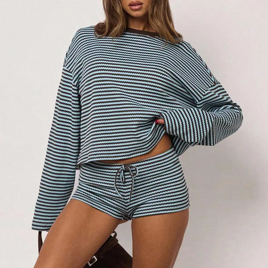 Women Fashion Casual Stripe Long Sleeve Loose T-Shirt Drawstring Shorts Two-Piece Set