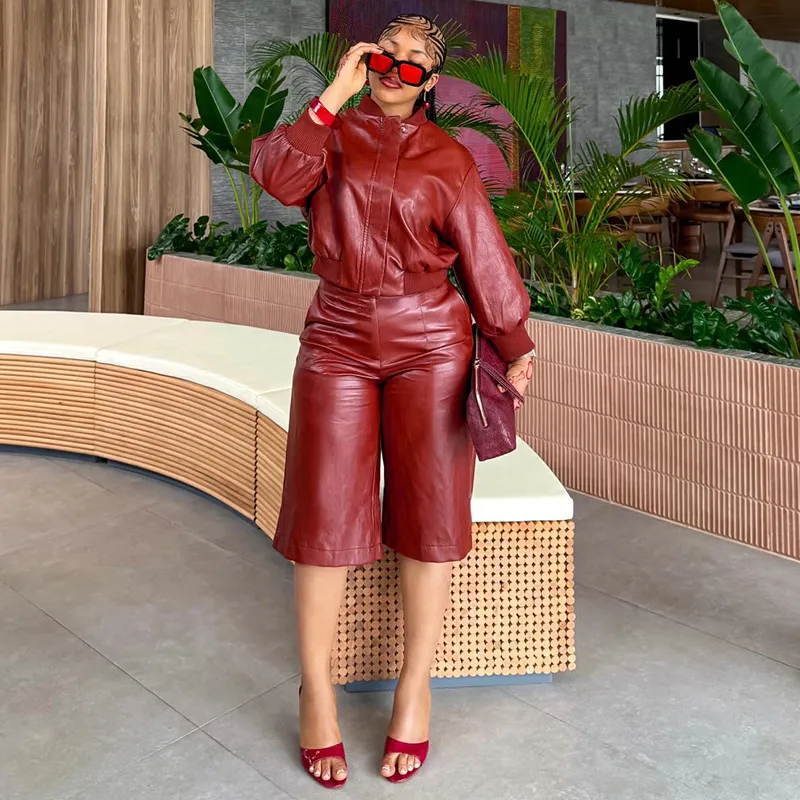 Women Fashion Casual Autumn Solid Color Pu Leather Stand Collar Zipper Jacket Loose Shorts Two-Piece Set