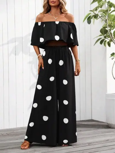 Women'S Fashion Casual Polka Dot Print Off-Shoulder Crop Top Wide-Leg Pants Two-Piece Set