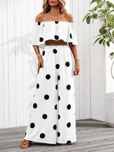 Women'S Fashion Casual Polka Dot Print Off-Shoulder Crop Top Wide-Leg Pants Two-Piece Set