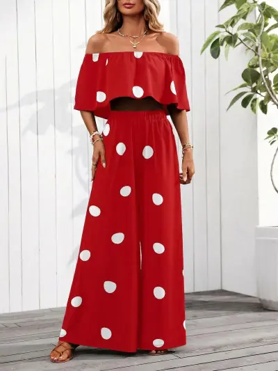 Women'S Fashion Casual Polka Dot Print Off-Shoulder Crop Top Wide-Leg Pants Two-Piece Set