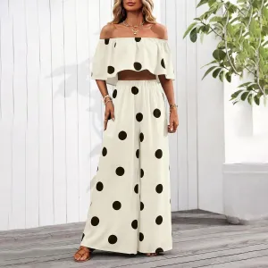 Women'S Fashion Casual Polka Dot Print Off-Shoulder Crop Top Wide-Leg Pants Two-Piece Set