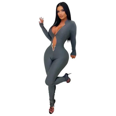 Women Fashion Sexy Solid Color Deep V-Neck Long Sleeve Tight Jumpsuits