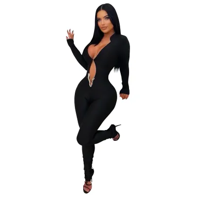 Women Fashion Sexy Solid Color Deep V-Neck Long Sleeve Tight Jumpsuits