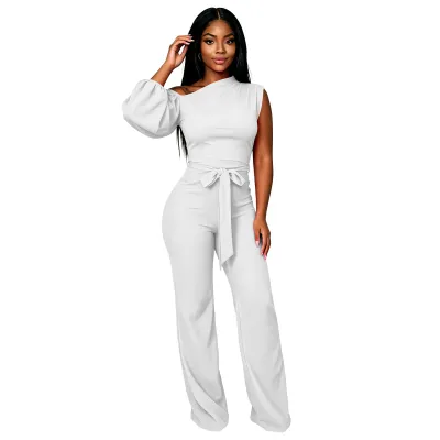Women'S Fashion Solid Color One-Shoulder Lantern Sleeve Tight Waist Jumpsuits
