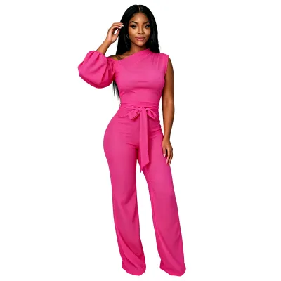 Women'S Fashion Solid Color One-Shoulder Lantern Sleeve Tight Waist Jumpsuits