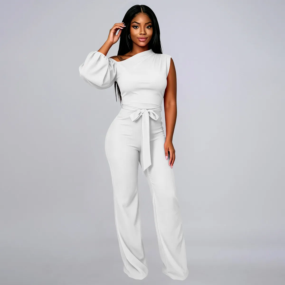Women'S Fashion Solid Color One-Shoulder Lantern Sleeve Tight Waist Jumpsuits
