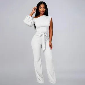 Women'S Fashion Solid Color One-Shoulder Lantern Sleeve Tight Waist Jumpsuits