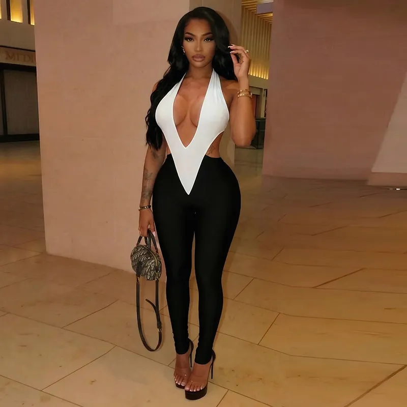 Women Fashion Sexy Stitching Deep V Halter-Neck Lace-Up Hollow-Out Jumpsuits