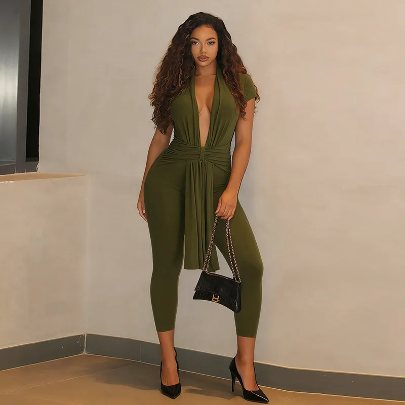 Women Fashion Sexy Solid Color Deep V-Neck Strap Short-Sleeve Jumpsuits