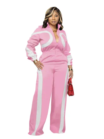 Women Fashion Casual Autumn And Winter Color Contrast Long-Sleeve Zipper Loose Jumpsuits