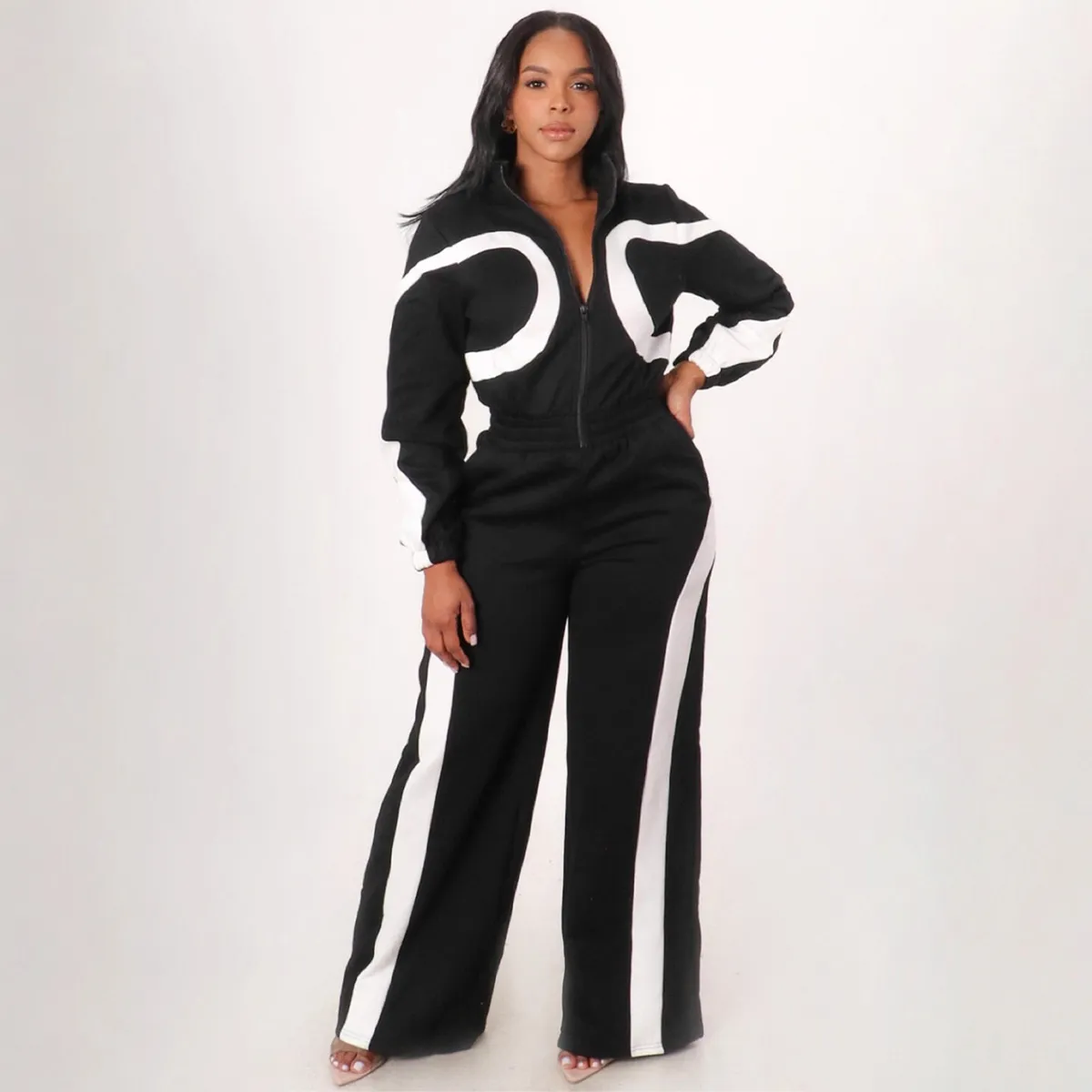 Women Fashion Casual Autumn And Winter Color Contrast Long-Sleeve Zipper Loose Jumpsuits